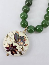 Jade Beaded Necklace - Circular Cloisonn Pendant - Butterfly - Sterling .925 Silver