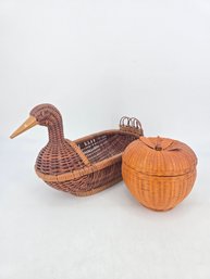 Vintage Wicker Duck Basket And Apple Basket