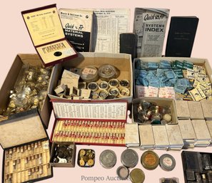 Watch Main Springs And Crystals  Misc Watch Parts Including Vintage Shipping Cases.