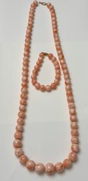 VINTAGE 14K YELLOW GOLD ANGEL SKIN CORAL  BEAD NECKLACE AND BRACELET SET
