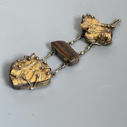Vintage Chunky Tigers Eye And Semi Precious Gemstone Pendant Brass 5 Inch Setting Indonesia Estate Jewelry