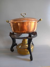 Antique Vintage Copper Brass Cook Pot With Brass Sterno And Stand