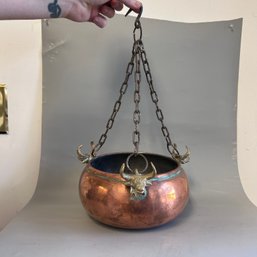 Antique Vintage Copper Brass Cauldron Pot With Bull Heads And Chain