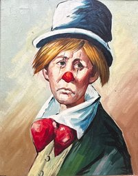 Vintage Clown Frown Oil Painting On Canvas Framed Mid Century Modern