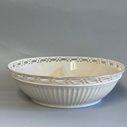 Lenox Matelasse  3 Section Condiment Relish Candy Dish Gold Trim Pierced Cutout Rim