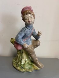 Tengra Porcelain Figurine Large Boy Blue Sweater Fishing Basket