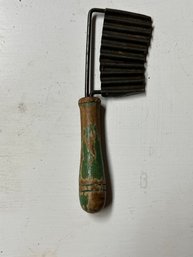 Vintage Fancy Vegetable Slicer Wooden Handle Natural Green  Metal Blade