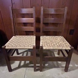Two Ladder Back Adult Dining  Chairs Woven Wood