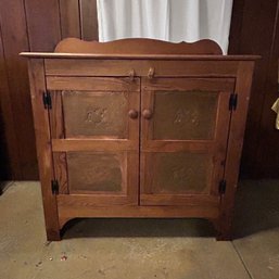 Antique Vintage Solid Wood Sideboard Pierced  Copper Paneled Doors  Cupboard