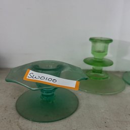 Lot If Two Green Candlesticks Glass In Photo