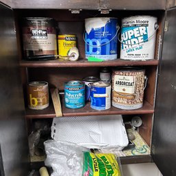 Lot Of Painting  Supplies, Paints, Rollers, Paint Roller Pans ( As Seen In Photo : Everything In Cabinet Seen)