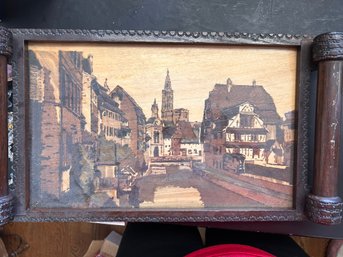 Collectible Vintage Signed Strasboury  Etched Wood Art Breakfast Tray With Carved Wood And Glass Topper