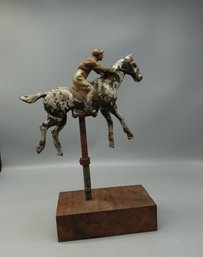ANTIQUE EARLY GAME HORSE AND JOCKEY STATUE SCULPTURE