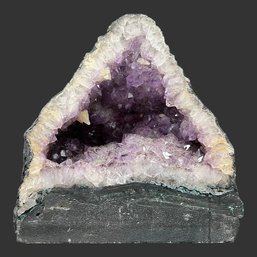 VERY LARGE NATURAL AMETHYST CRYSTAL STONE GEODE SCULPTURE ON WOOD STAND