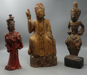 GROUP OF THREE ANTIQUE FIGURES STATUES  GUANYIN & TEMPLE DEITIES  19TH / EARLY 20TH CENTURY