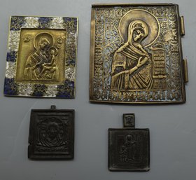 SET OF FOUR RUSSIAN ORTHODOX BRASS BRONZE AND ENAMEL ICONS