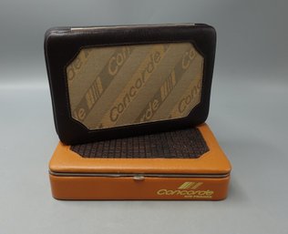 2 VINTAGE CONCORDE MEMORABILIA AIR FRANCE BRIDGE SETS  LEATHER CASES WITH PLAYING CARDS & NOTEPAD
