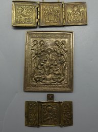 SET OF THREE RUSSIAN ORTHODOX BRASS ICONS WITH TRIPTYCH PANELS