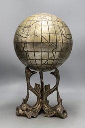 VINTAGE SILVERED BRASS TABLE GLOBE SCULPTURE WITH ART NOUVEAU STYLE BASE