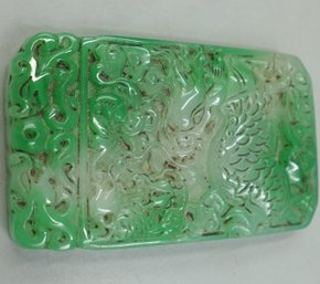 VINTAGE LARGE CHINESE CARVED JADEITE PLAQUE WITH DRAGON AND CLOUD MOTIF