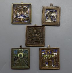 SET OF FIVE RUSSIAN ORTHODOX BRASS BRONZE AND ENAMEL ICONS