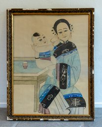 ORIGINAL 19C FRENCH SCHOOL ORIENTALIST PAINTING CHINESE MOTHER AND CHILD WATERCOLOR ON PAPER FRAMED