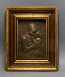 RARE 18TH CENTURY EUROPEAN METAL ICON MADONNA & CHILD BASRELIEF FRAMED
