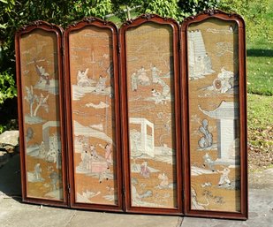 19c FOUR PANEL CHINESE KESI SILK TAPESTRY TEXTILE PANEL SCREEN