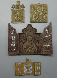 SET OF FIVE RUSSIAN ORTHODOX BRASS BRONZE AND ENAMEL ICONS WITH TRIPTYCHS