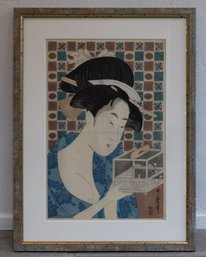 ANTIQUE JAPANESE WOODBLOCK PRINT – UKIYO‑E BEAUTY WITH JEWEL BOX (GALLERY FRAMED)