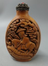 CHINESE BOXWOOD CARVED WOOD SNUFF BOTTLE  SCHOLAR ON HORSEBACK