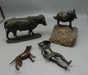 VINTAGE LOT OF BRONZE SCULPTURES ANIMALS AND FIGURE STATUE