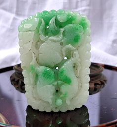 VINTAGE LARGE CHINESE CARVED JADEITE PLAQUE WITH LOTUS AND DOLPHIN