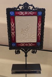 KPM GERMAN LITHOPHANE RELIGIOUS PANEL WITH STAINED GLASS FRAME ON IRON STAND, SIGNED