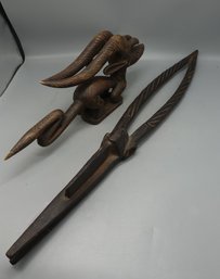 AFRICAN ANTIQUE TRIBAL HEADDRESS MASK AND CARVED  FIGURE