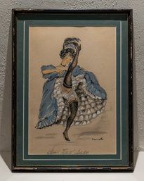 1950s ORIGINAL SIGNED JANICOTTE  PAINTING OF CAN CAN DANCER FRAMED