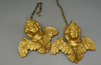 ANTIQUE FRENCH GILT BRONZE WINGED CHERUBS ON CHAINS  NUMBERED AT BASE