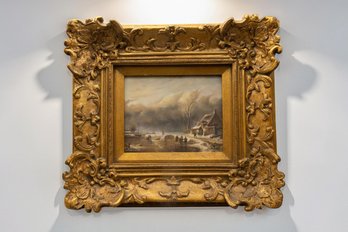 DUTCH OR FLEMISH WINTER LANDSCAPE PAINTING  OIL ON BOARD, SIGNED ILLEGIBLE, GILT FRAME