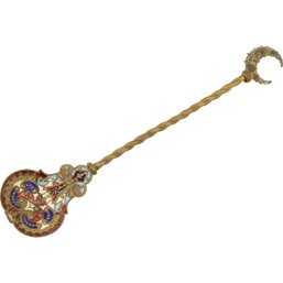 ANTIQUE RUSSIAN CHAMPLEVE ENAMEL SPOON WITH CRESCENT HANDLE