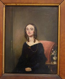 MID 19TH CENTURY FOLK ART PORTRAIT OF A YOUNG WOMAN, OIL ON CANVAS PAINTING