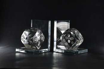 IMPRESSIVE LARGE CONTEMPORARY CRYSTAL ART GLASS DICE BOOKENDS SCULPTURE