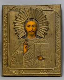 ANTIQUE RUSSIAN ORTHODOX RELIGIOUS ICON OF CHRIST PANTOCRATOR WITH ENGRAVED RIZA