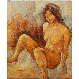 VINTAGE 20c SIGNED IMPRESSIONIST OIL PAINTING OF  SEATED NUDE FEMALE