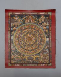 VINTAGE TIBETAN BUDDHIST THANGKA MANDALA PAINTING  HANDPAINTED SILK, GOLD DETAIL