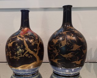 TWO 19c LARGE ASIAN CHINESE JAPANESE PORCELAIN VASES SIGNED