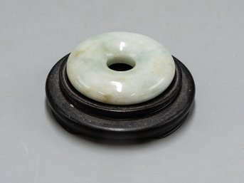ANTIQUE CHINESE LIGHT CELADON JADEITE BI DISC SCHOLAR'S OBJECT WITH WOOD STAND