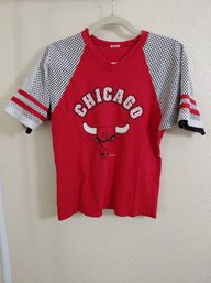 Vintage Chicago Bulls Graphic Shirt Featuring Red Cotton And White Mesh Sleeves