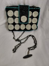 Mary Frances Beaded Crossbody Clutch Purse Featuring Black And White Circles With Turquoise Accents