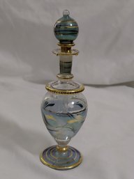 Vintage Egyptian Hand-blown Glass Perfume Bottle Featuring Blue And Green Glass With Hand-painted 22k Gold Acc