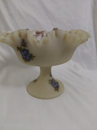 Vintage Fenton Handpainted Blue Dogwood On Cameo Satin Footed Comport